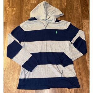Polo Ralph Lauren Boys L 14-16 Striped Hoodie Navy Gray Cotton Long Sleeve Tee